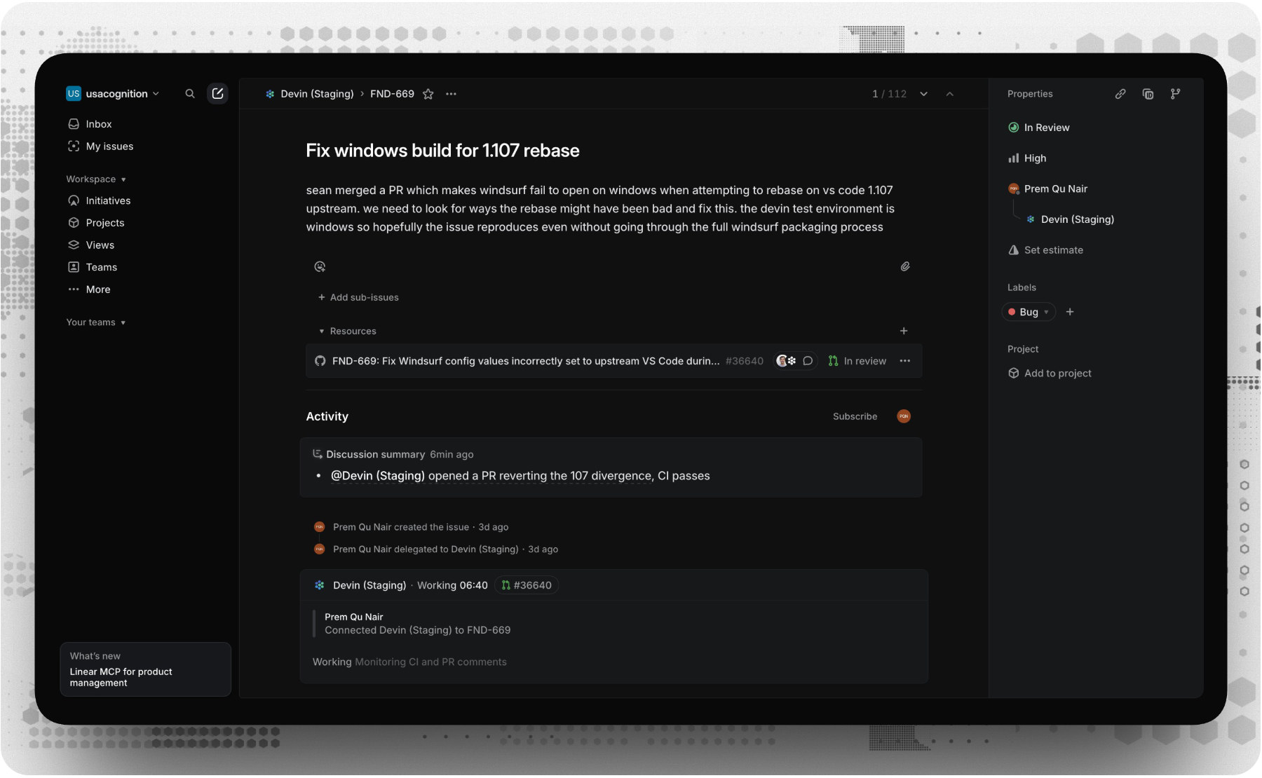 Devin session interface displaying a Windows build fix
