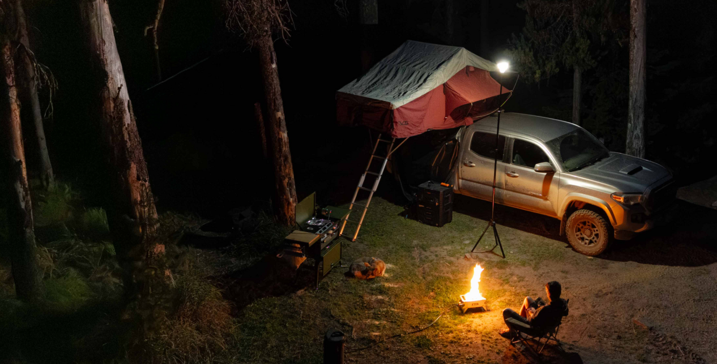 Devos LightRanger illuminating an overlanding campsite at night