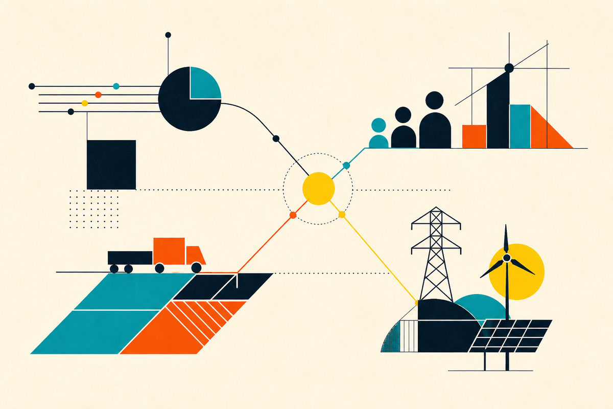 Abstract Swiss-style illustration linking finance, work, logistics and energy infrastructure