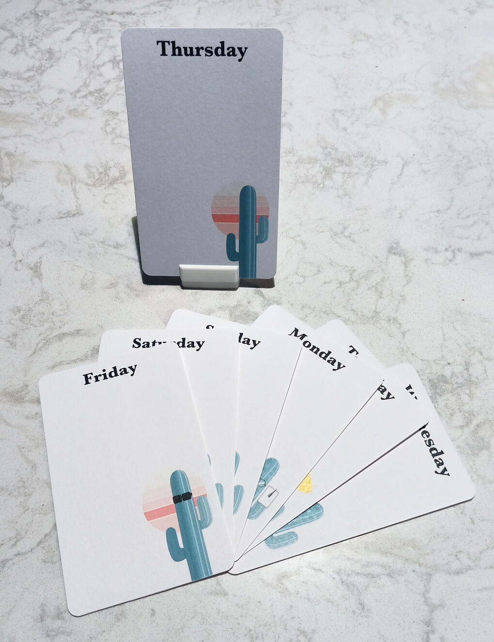 Day-of-the-week task cards decorated with cacti, with Thursday standing in a small holder