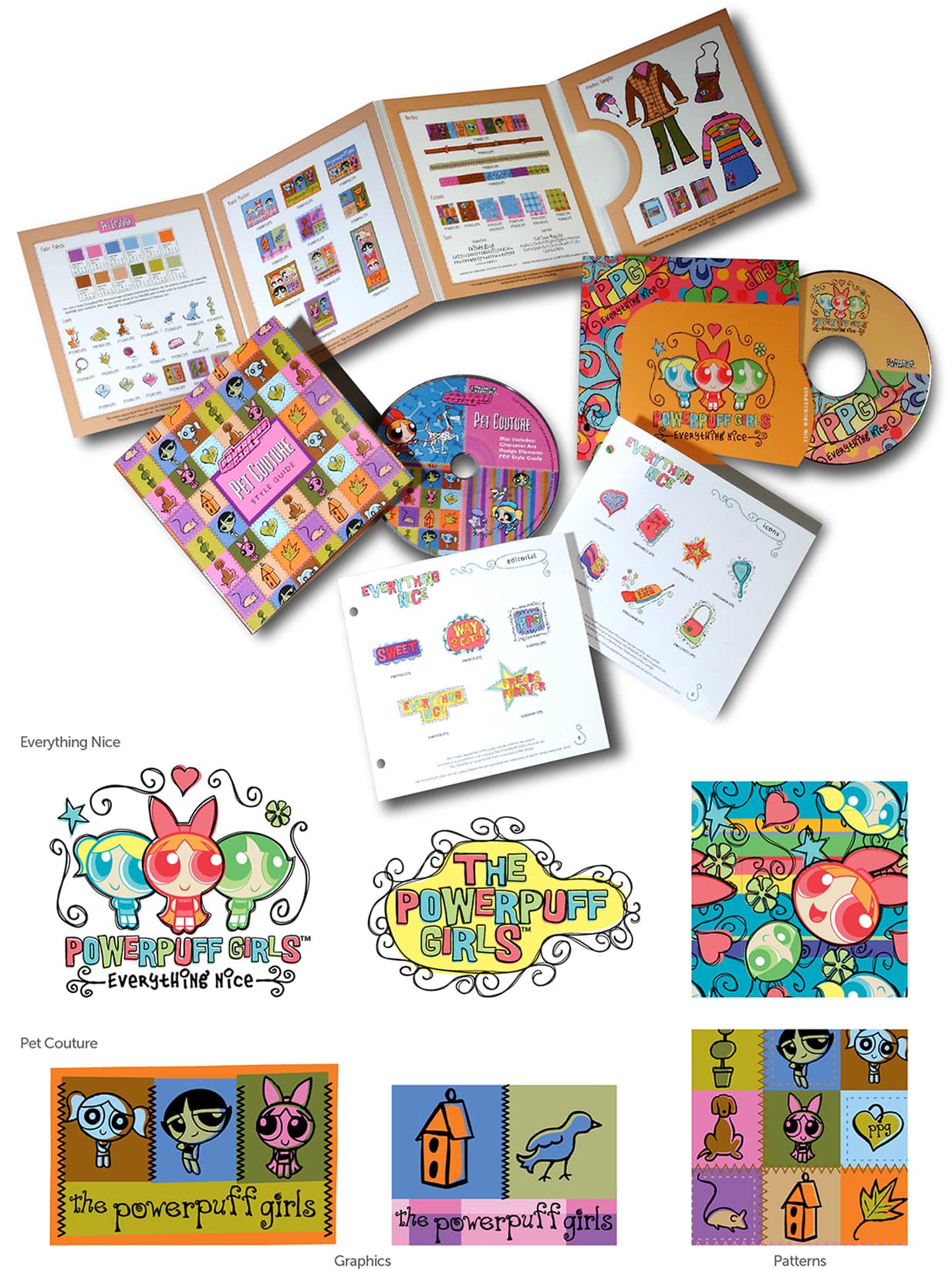 DGVC Powerpuff Girls style guides with character graphics, lettering, palettes, and repeat patterns