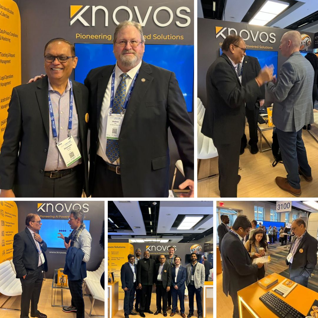 Dharmesh Shingala meeting attendees and colleagues at the Knovos booth during Legalweek 2024