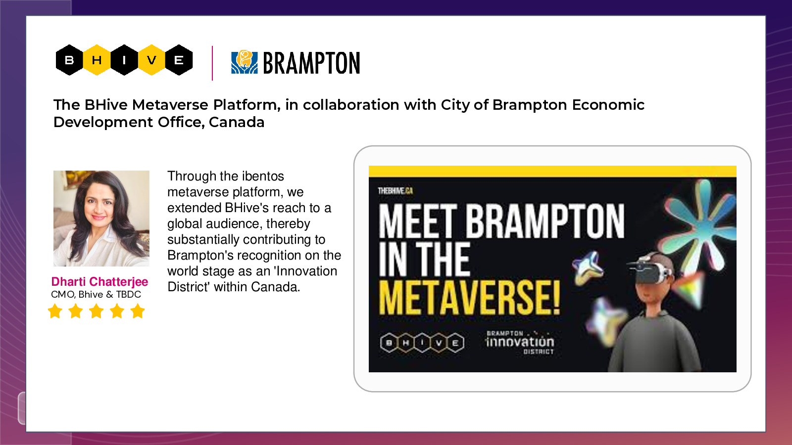 A BHive project page featuring Dharti Chatterjee and the Brampton metaverse initiative