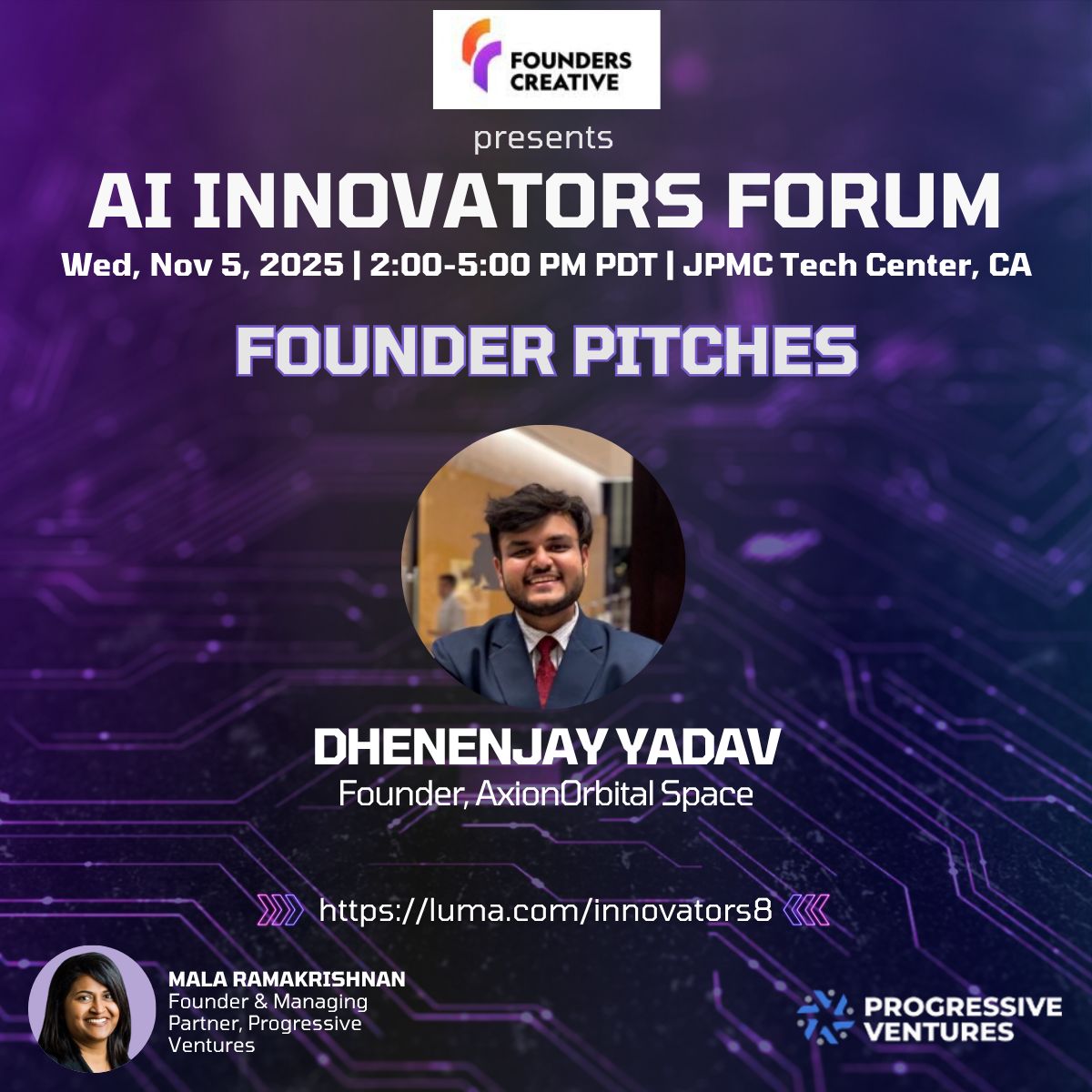 Event poster announcing Dhenenjay Yadav as a founder-pitch speaker at the 2025 AI Innovators Forum