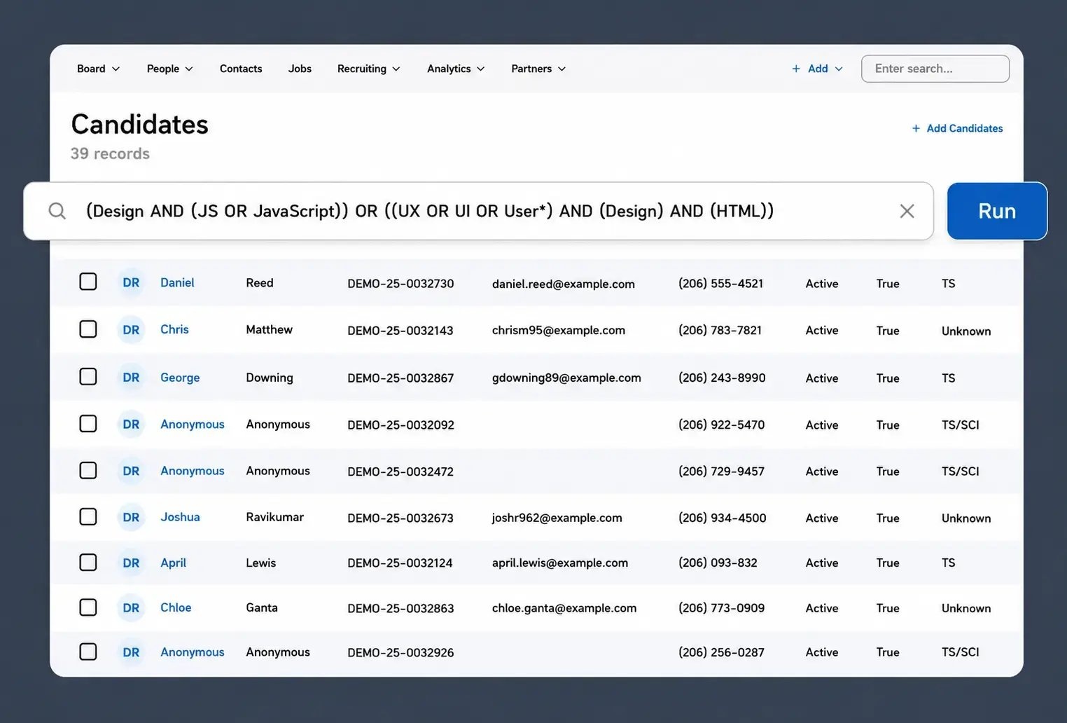 Official AgileATS demonstration interface showing a Boolean candidate search and sample candidate records