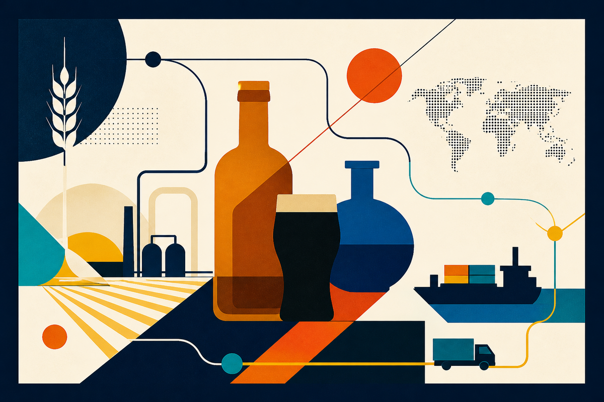 Abstract Swiss-style illustration of grain, bottles, a stout glass and global transport routes
