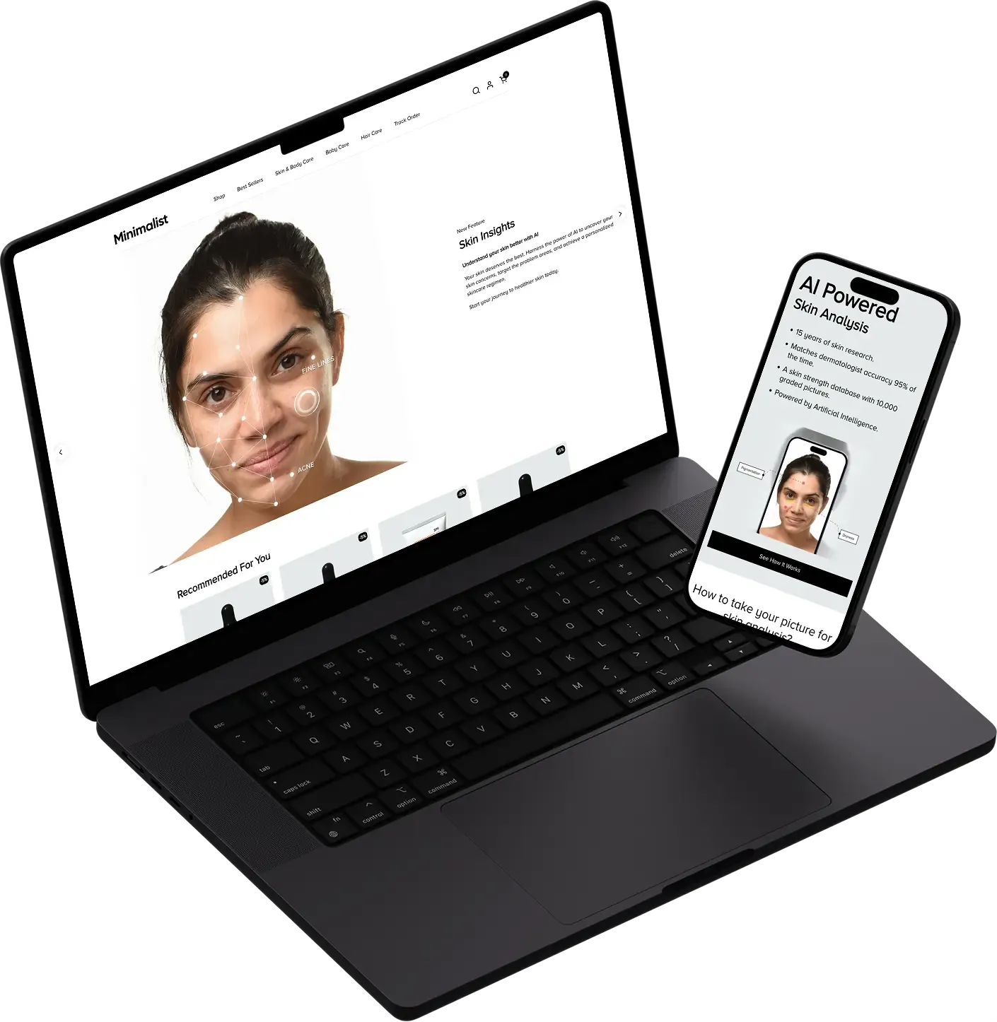 DianApps’ Minimalist product illustration showing skincare interfaces on a laptop and phone