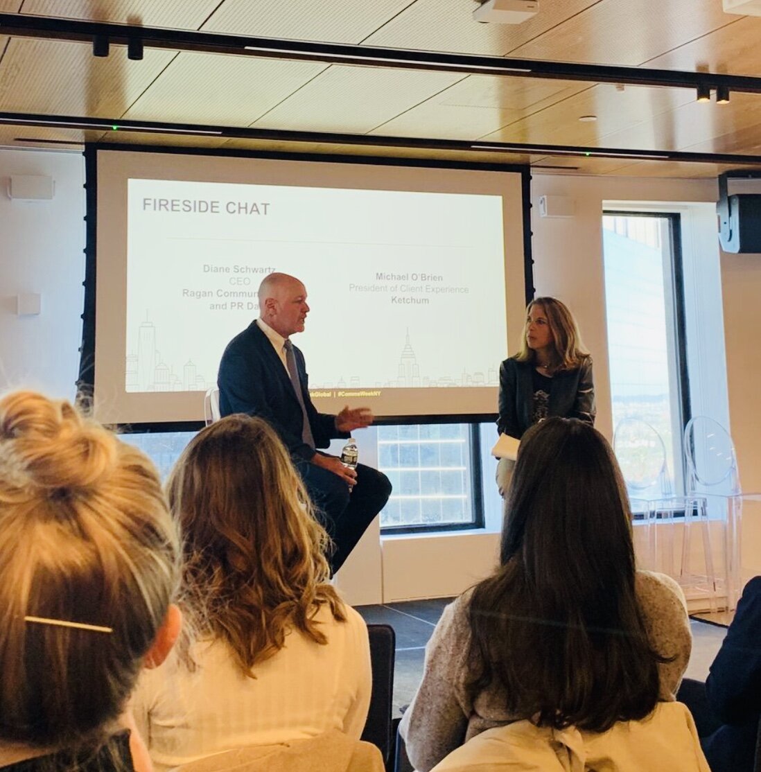 Diane Schwartz in conversation with Michael O’Brien onstage at Communications Week