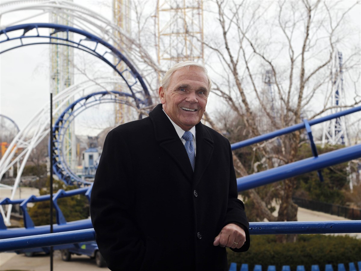 Dick Kinzel beside the blue Corkscrew track at Cedar Point in 2011