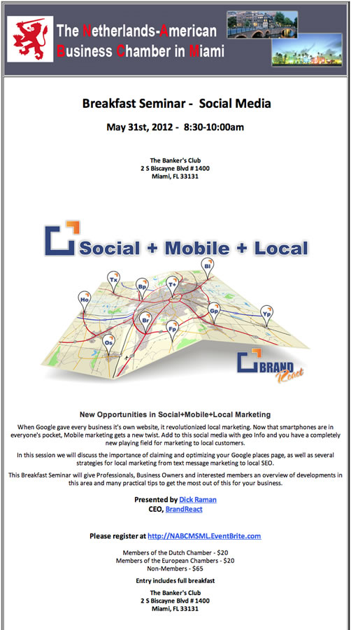 Poster advertising Dick Raman’s May 31, 2012 Social+Mobile+Local breakfast seminar in Miami