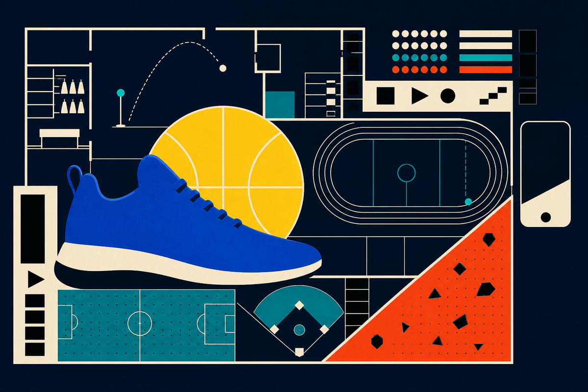 Abstract Swiss-style composition combining a sneaker, basketball, running track, field, diamond and climbing wall