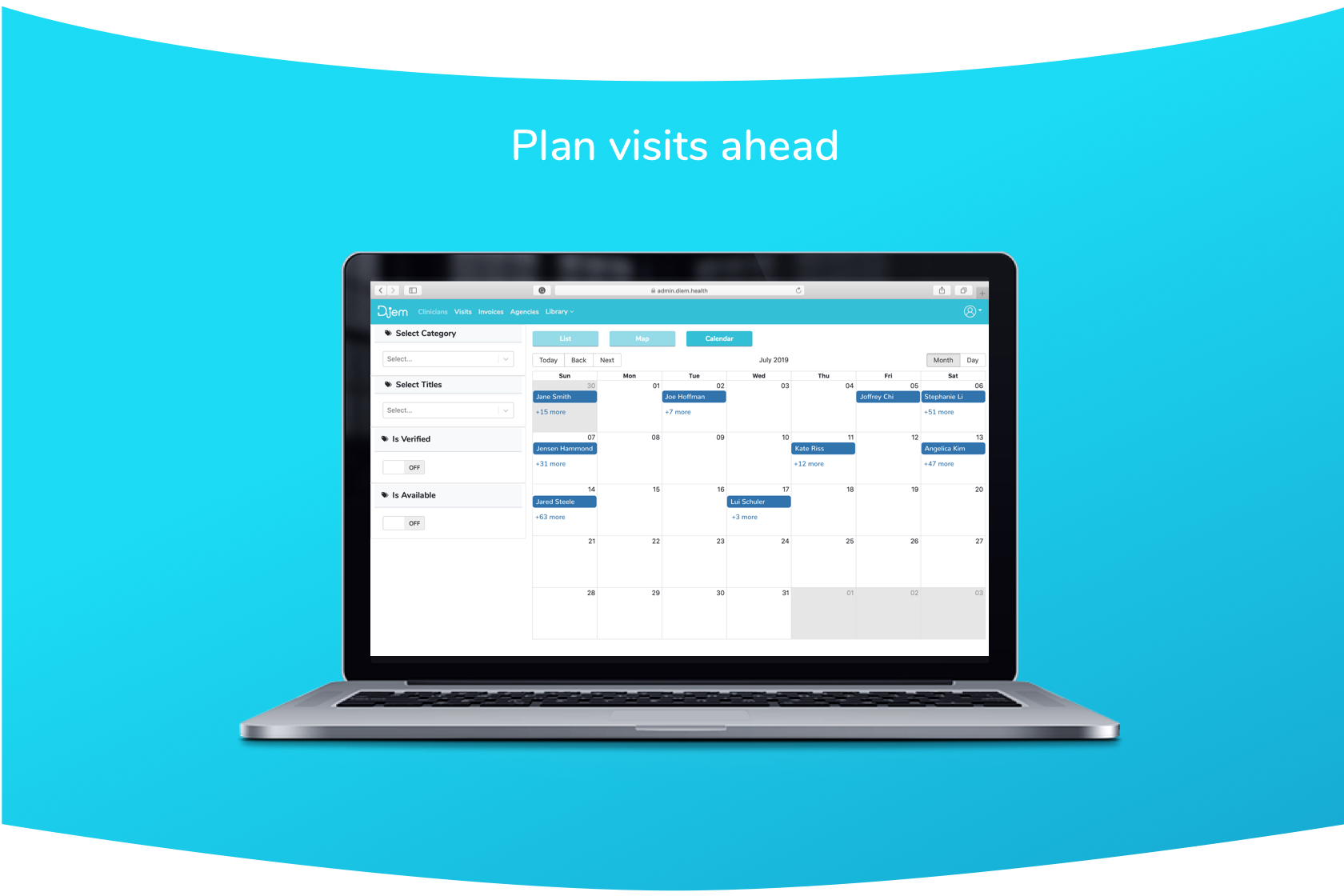 Archived Diem Health calendar interface for planning clinician visits