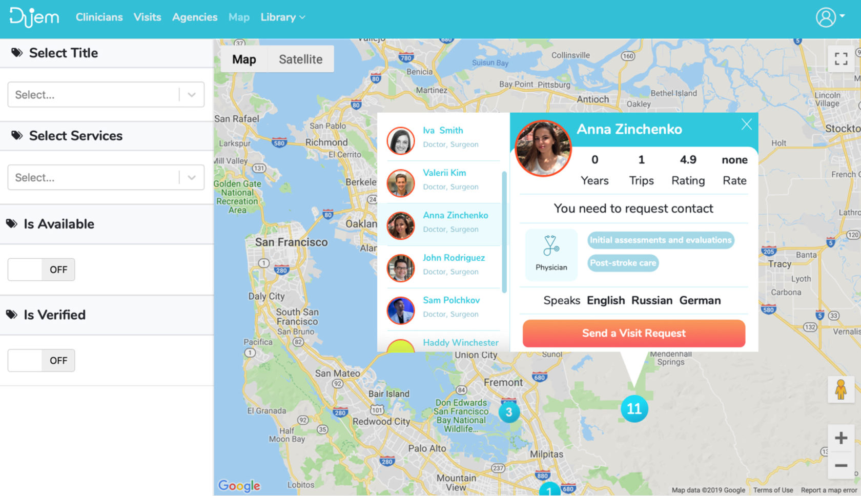 Archived Diem Health interface showing clinicians on a Bay Area map