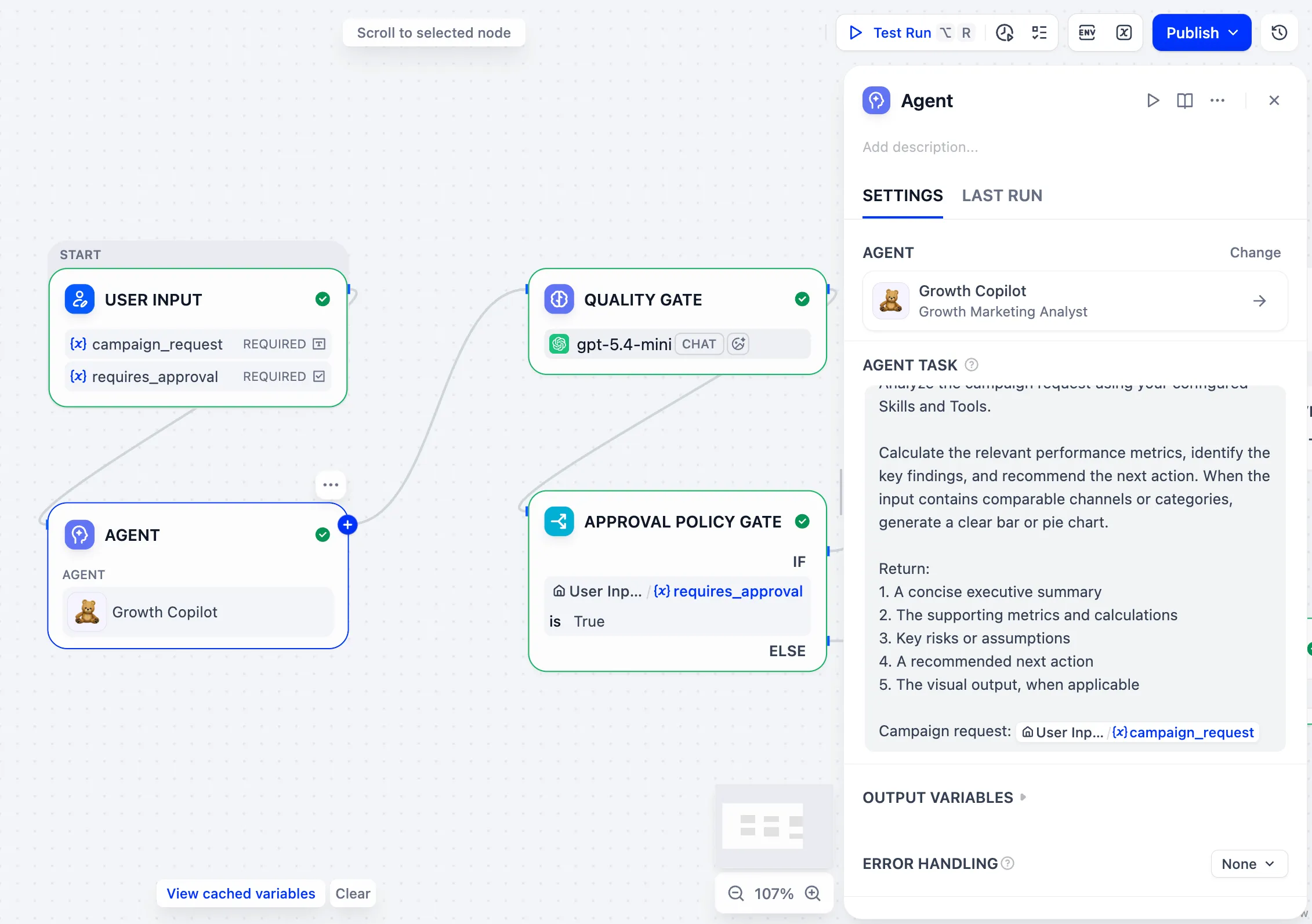 Dify Agent configuration beside a workflow with user input, quality gate, and approval policy nodes