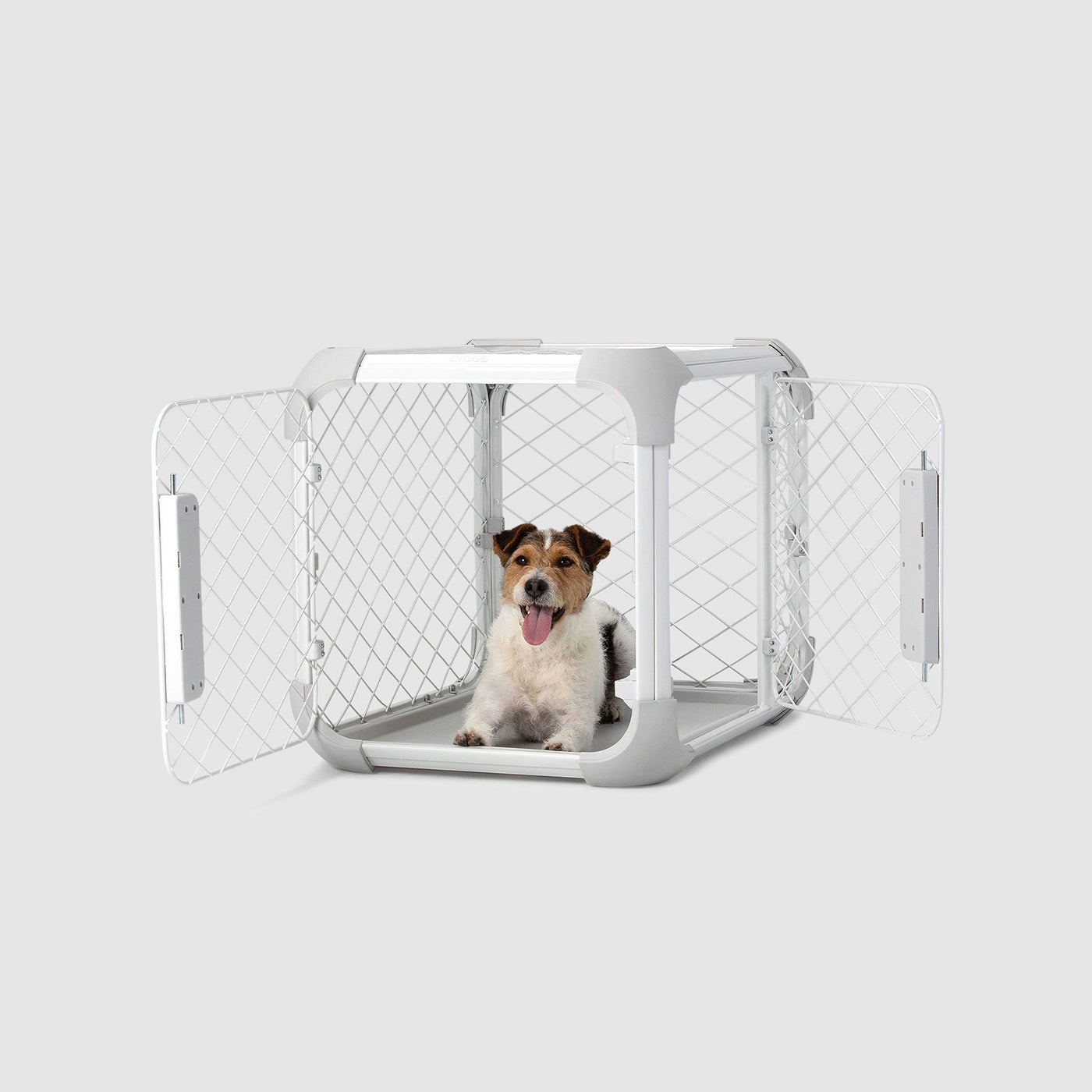 A small dog sits inside a white Evolv crate with diamond mesh