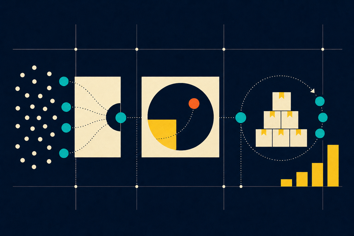 Abstract Swiss-style illustration of dots flowing through a conversion wheel toward parcels and rising bars