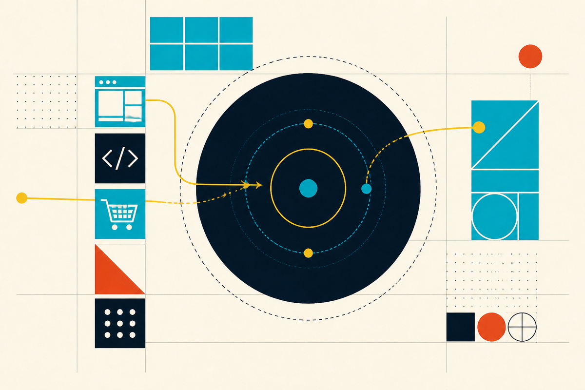 Abstract Swiss-style composition showing colorful digital modules drawn toward a central orbit