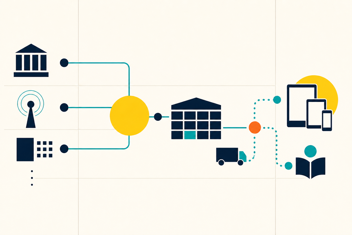 Abstract Swiss-style diagram showing institutions, wireless networks and devices connected through a warehouse and delivery route