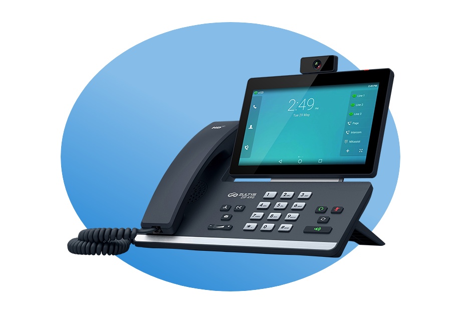 Zultys ZIP 49GE desk phone with touchscreen and handset