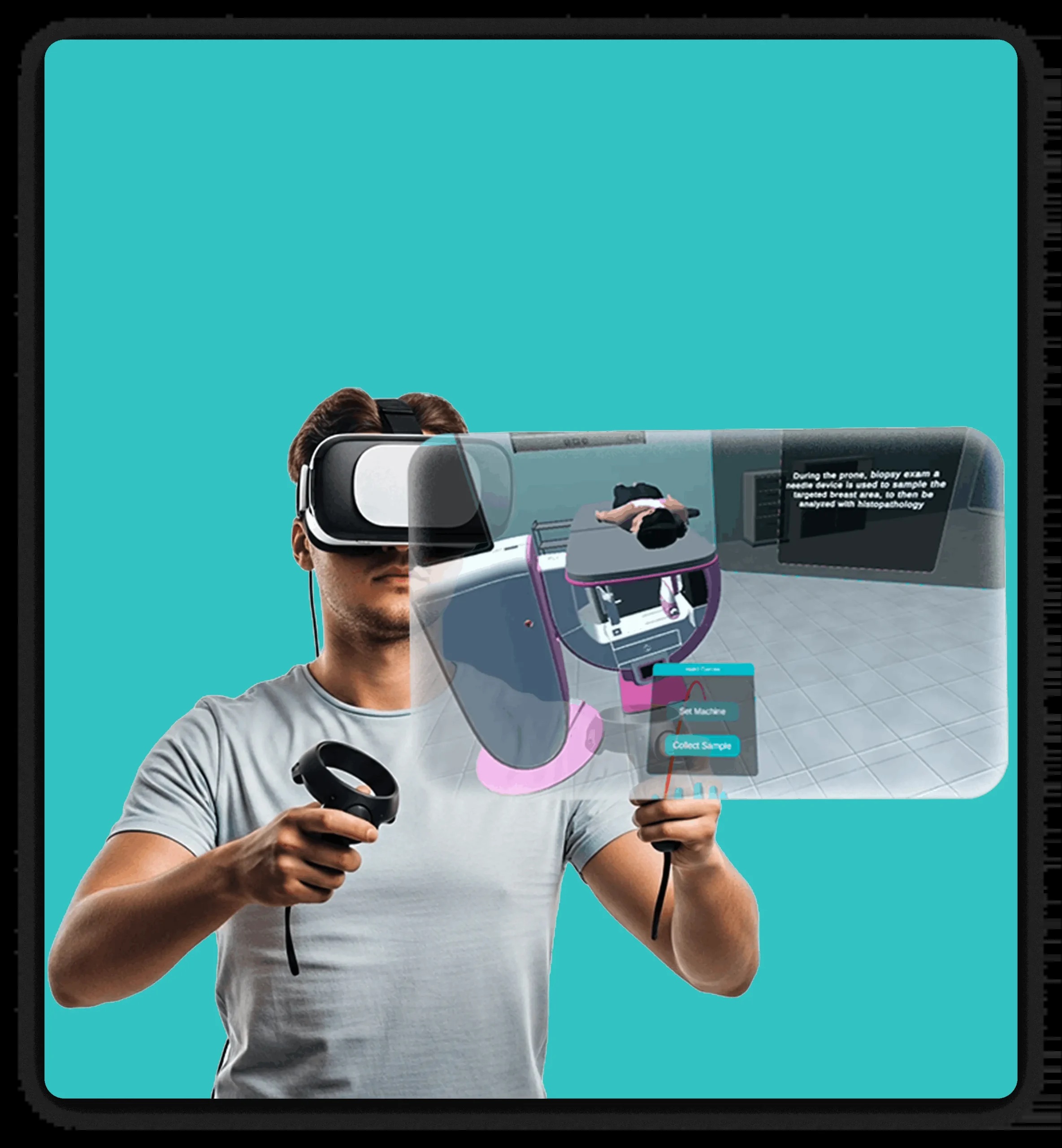 DigiTrends marketing composite showing a VR user and the virtual Cybele mammography demonstration