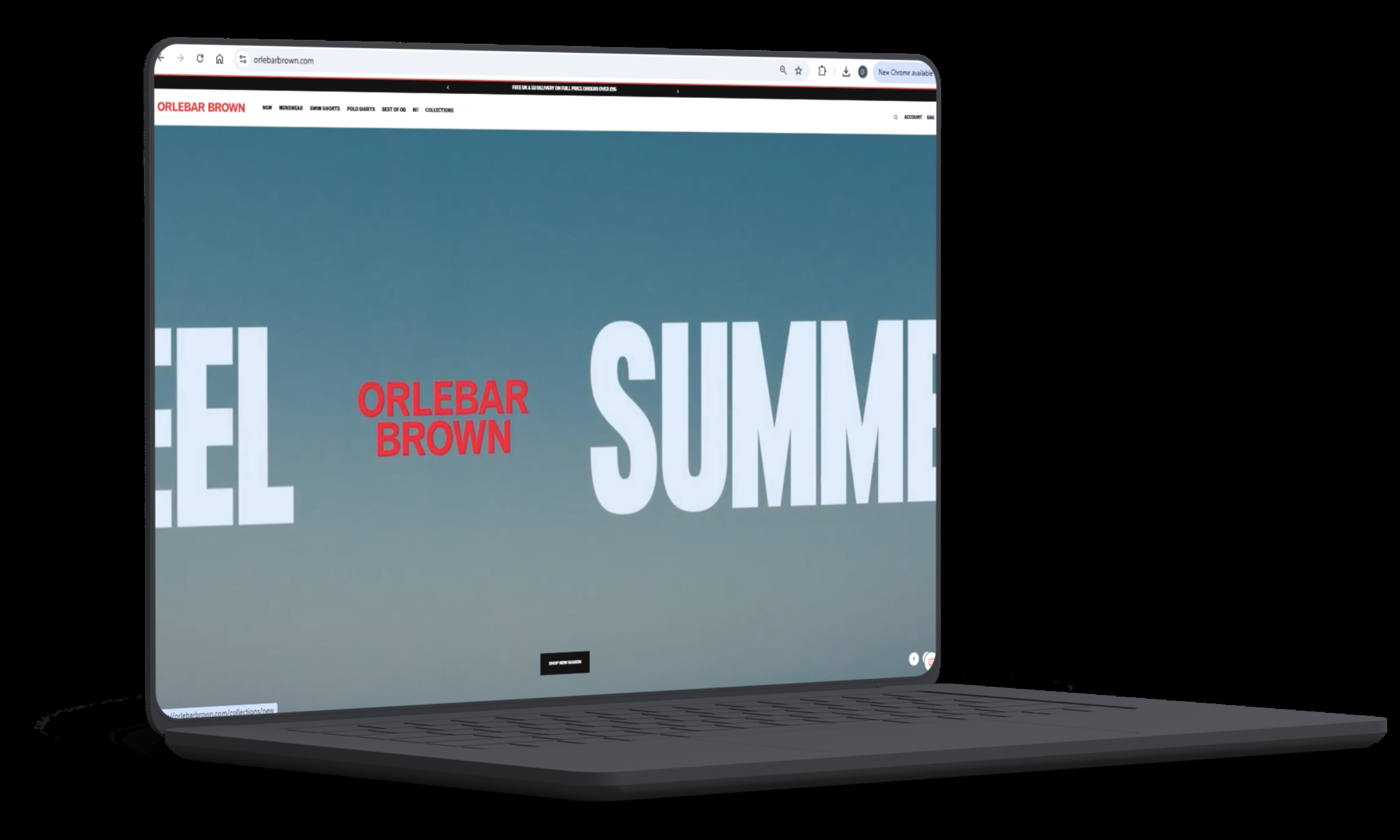 Orlebar Brown’s online store displayed on a laptop in a case-study mockup