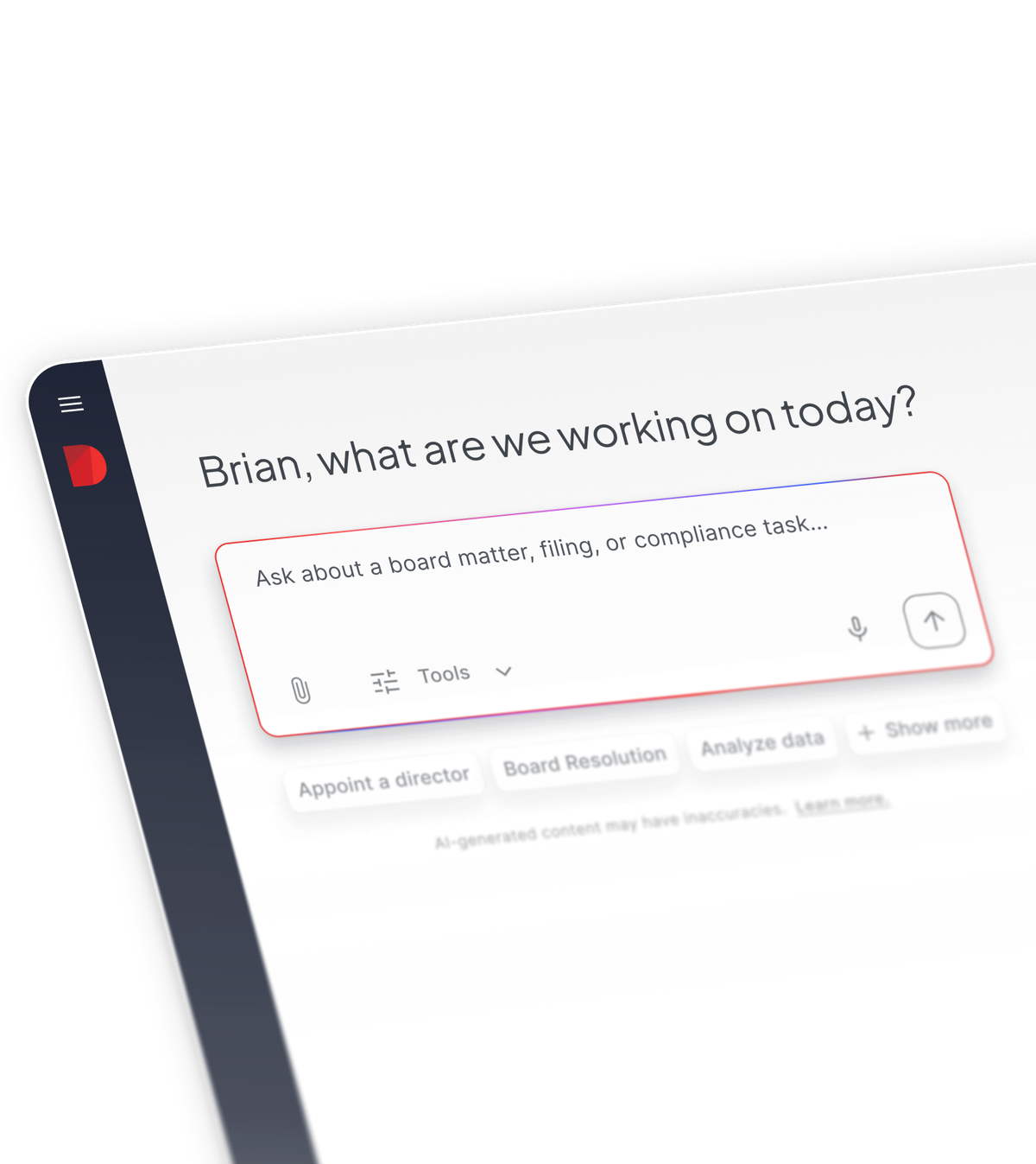 Diligent AI interface asking a user what they are working on