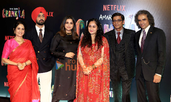 Diljit Dosanjh with Parineeti Chopra and Imtiaz Ali at the Amar Singh Chamkila special screening