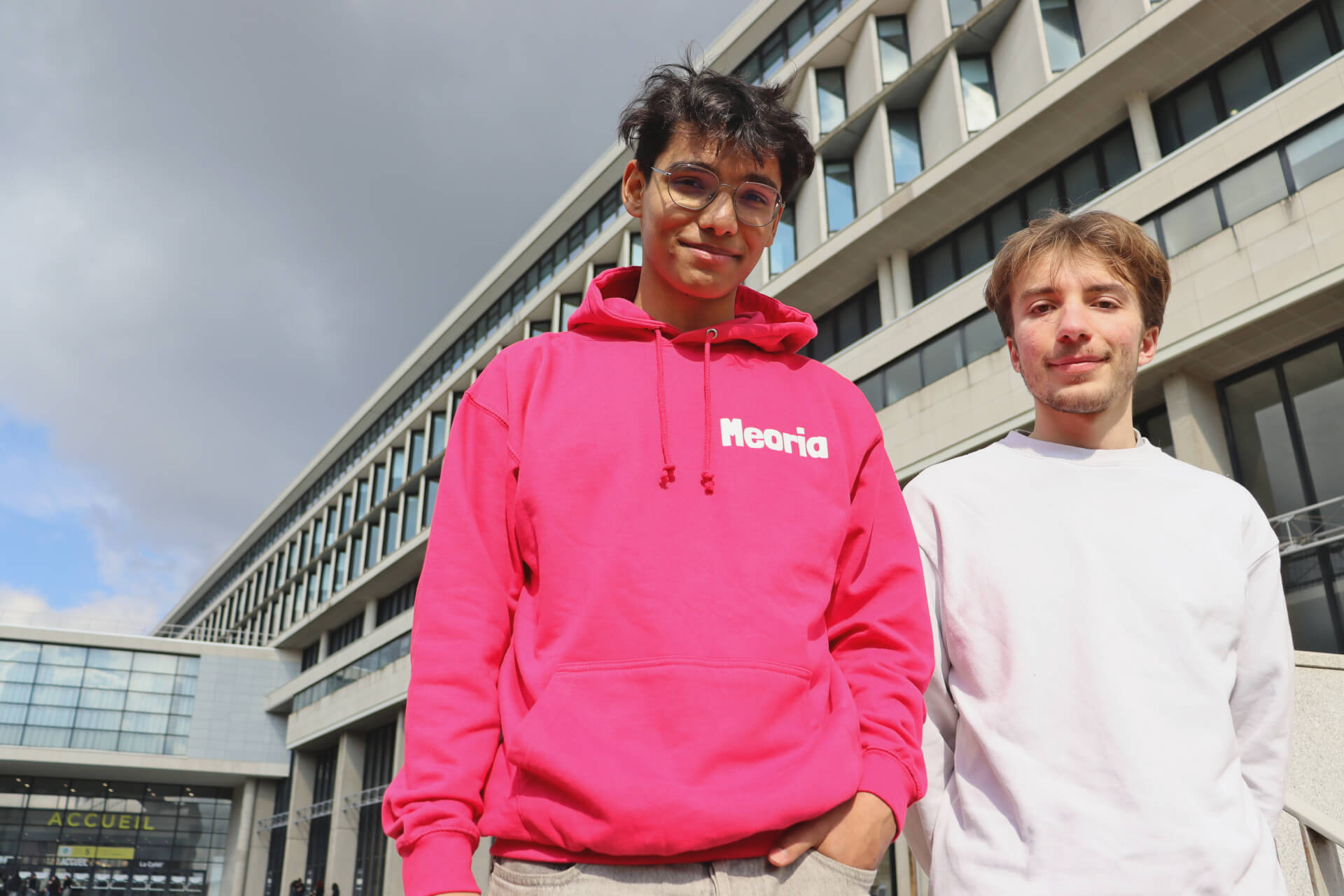 Dimittri Choudhury and Alexandre Klobb outside CY Tech while building Meoria