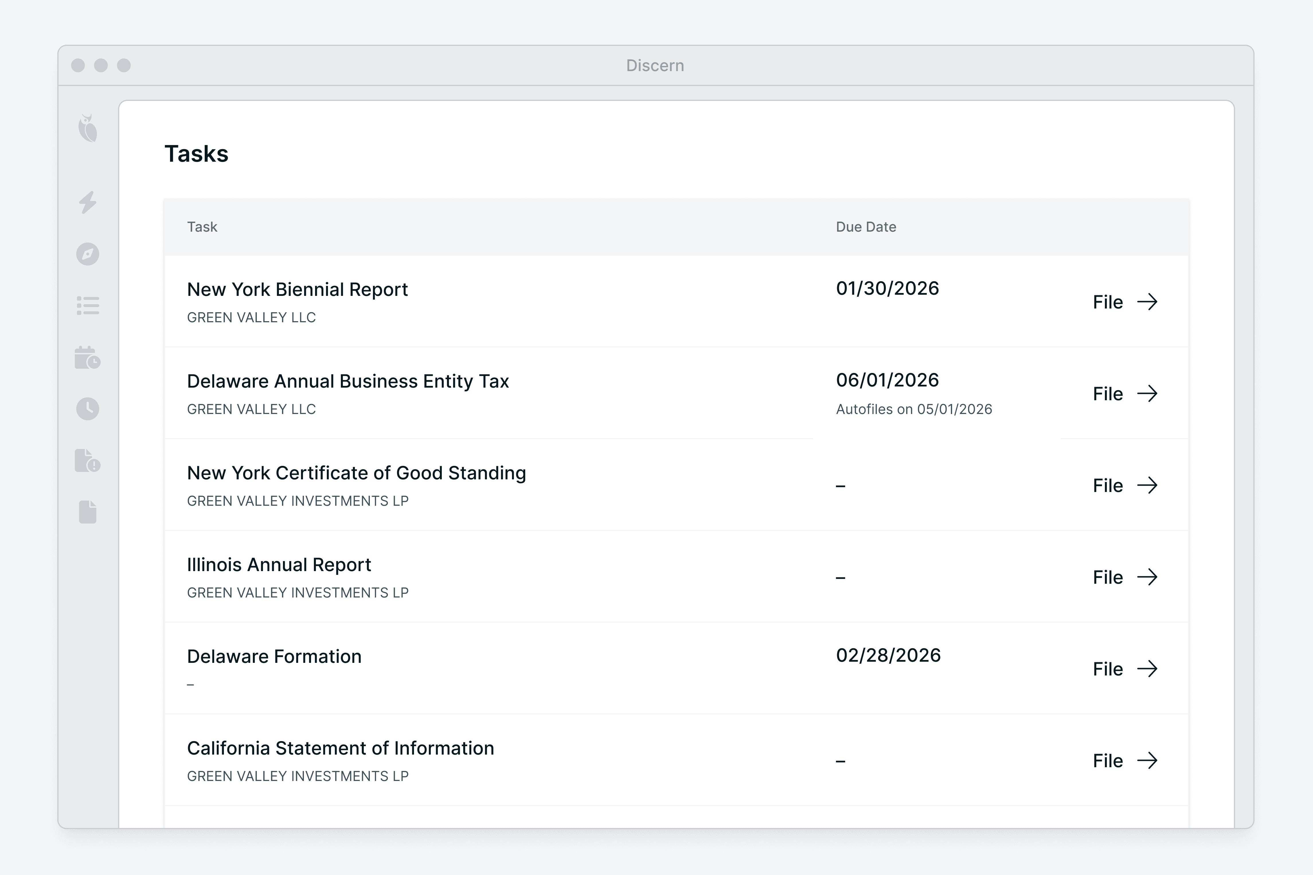 Discern product interface showing a list of filing tasks and due dates