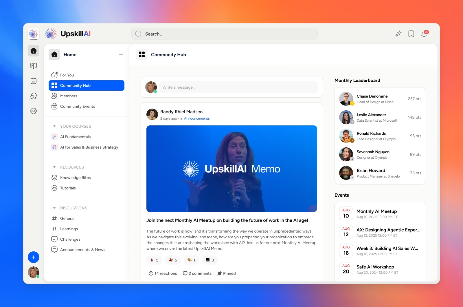Disco’s illustrative UpskillAI community interface with discussions, courses, events and a leaderboard