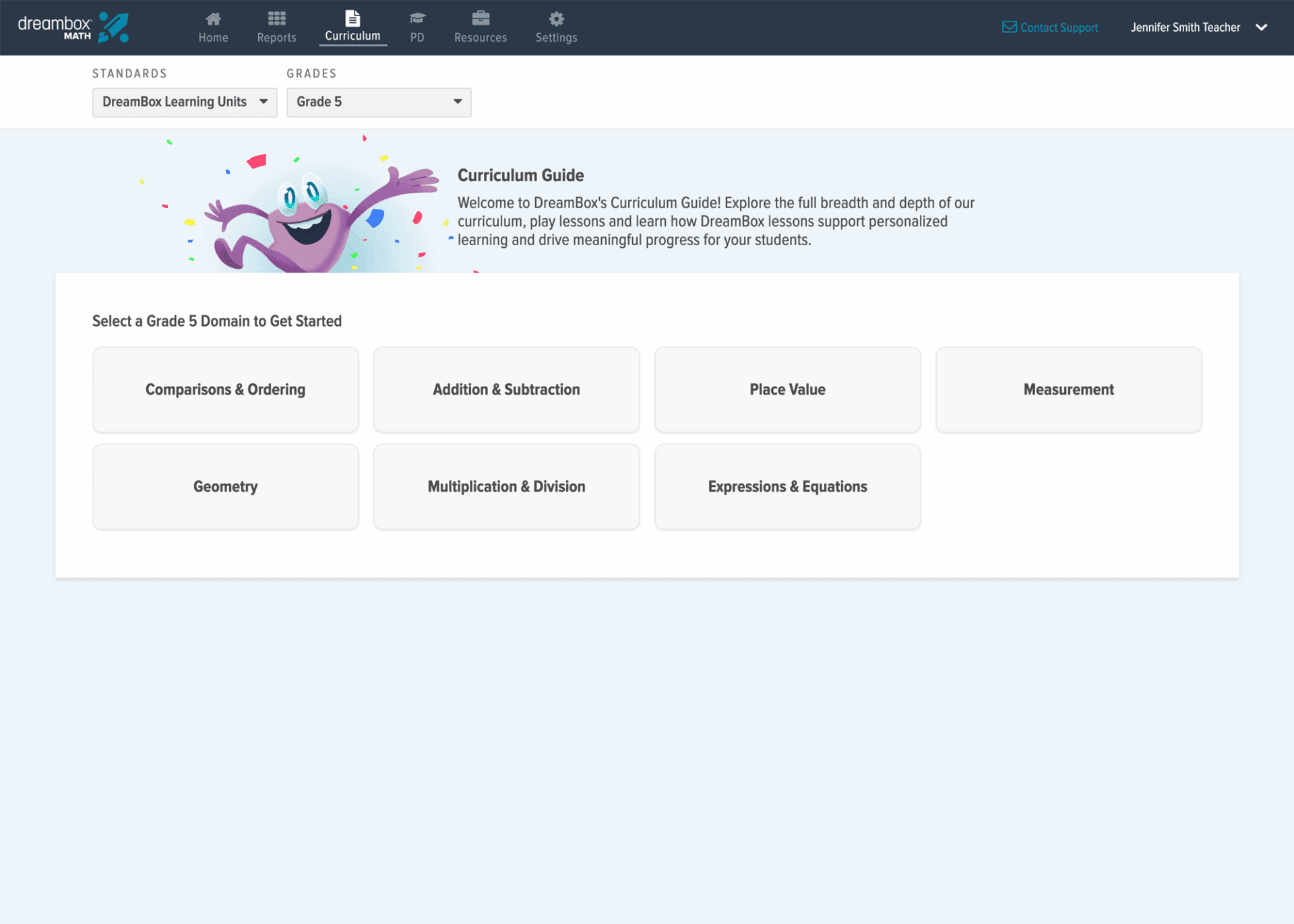 DreamBox Math curriculum guide showing standards and lesson selection tools