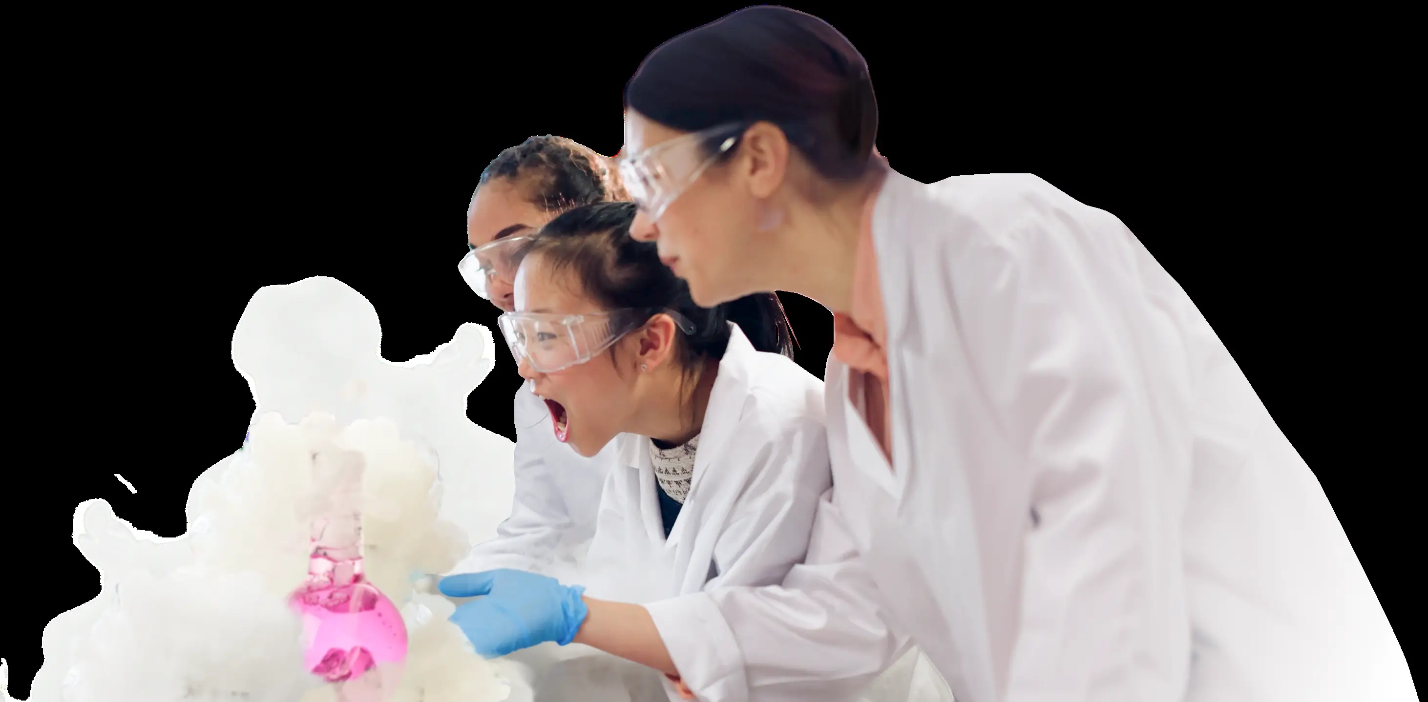 Discovery Education promotional image of students wearing safety goggles and watching a foaming science demonstration