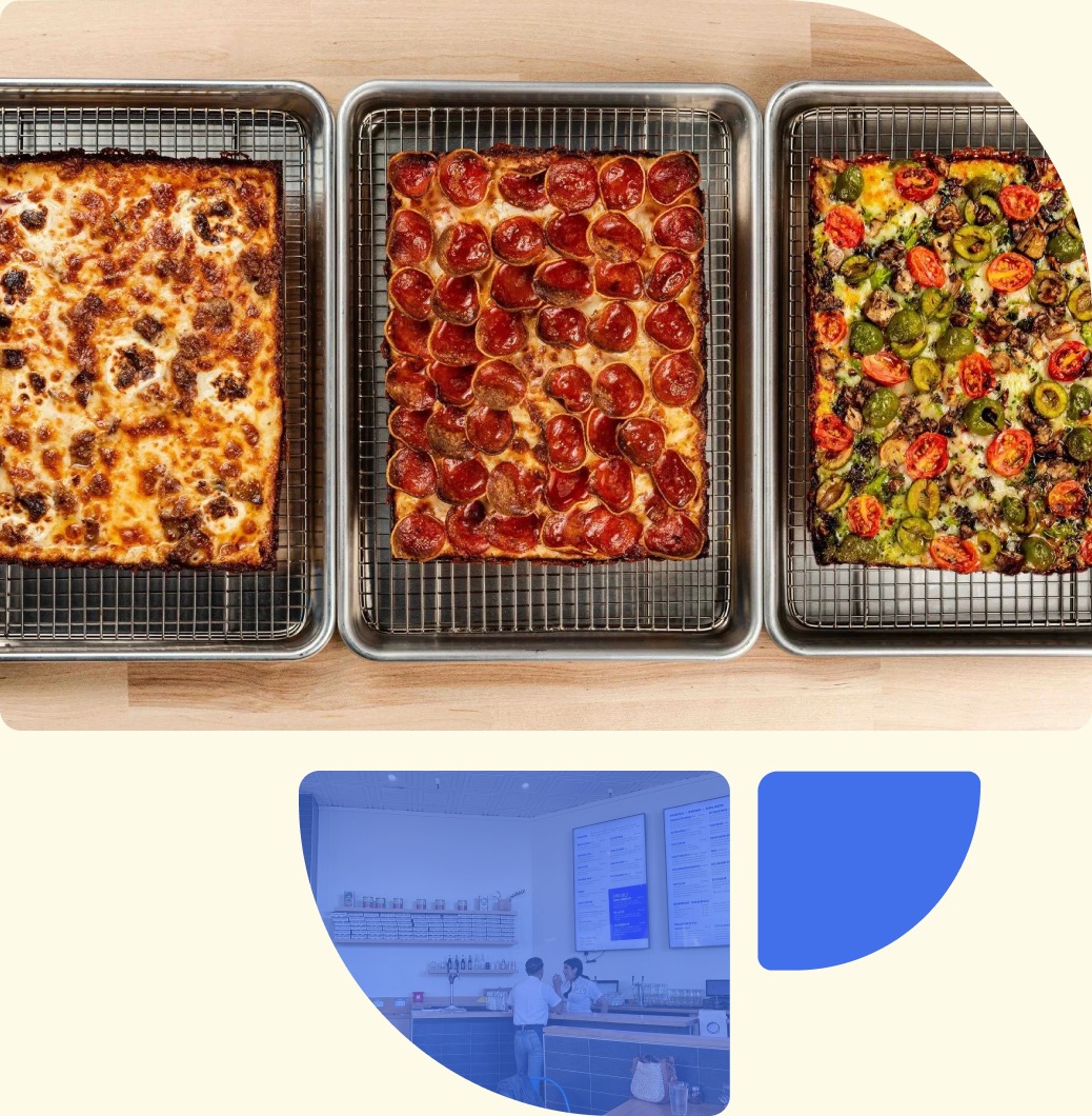 Square Pie Guys pizza imagery and restaurant display in a Displai case-study graphic