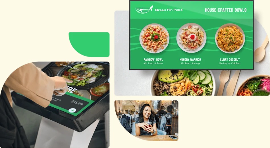 Displai product illustration showing digital menus and a self-service ordering screen