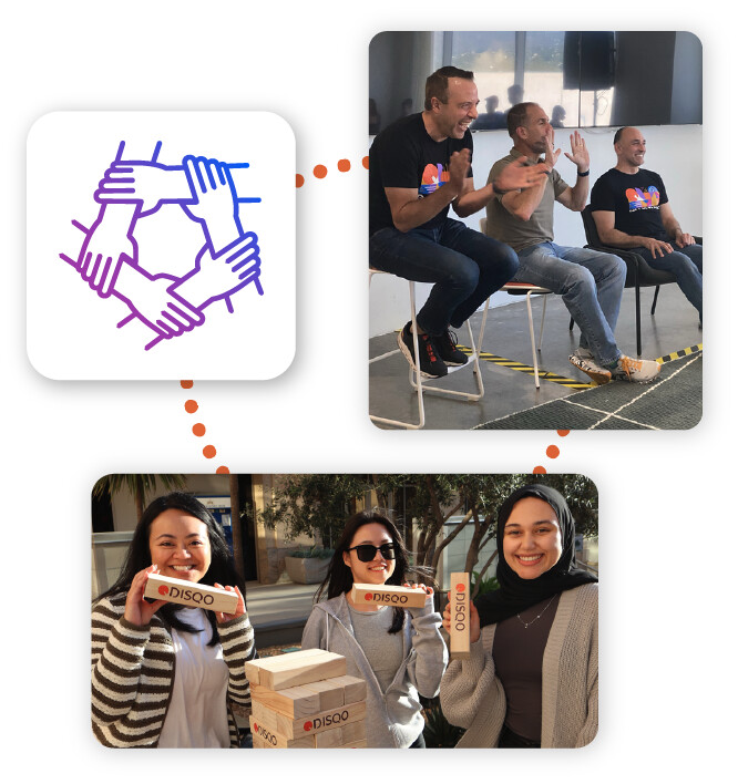 DISQO team members at company gatherings and holding branded wooden blocks