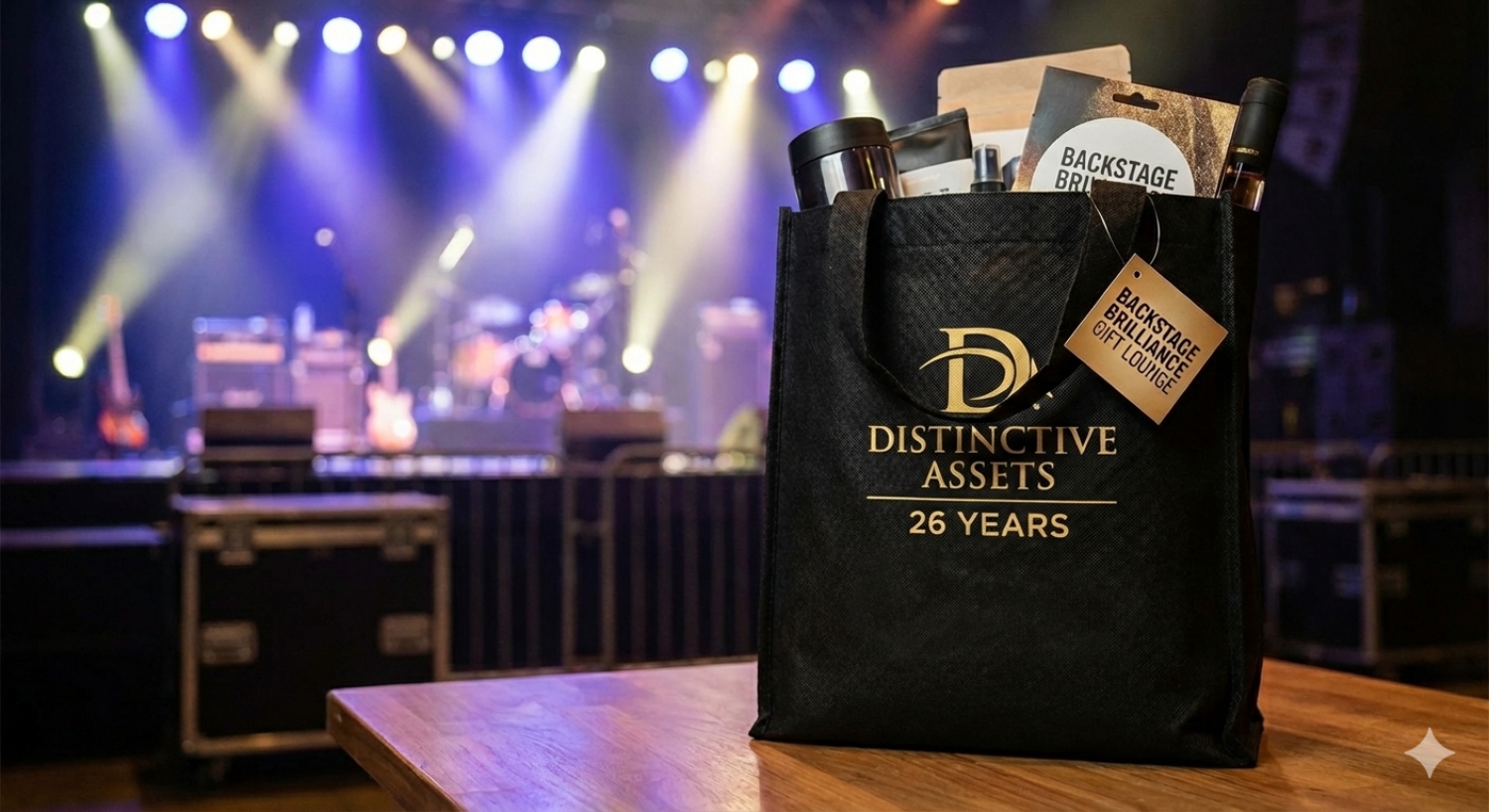 A black Distinctive Assets anniversary gift bag filled with products against a colorful concert-stage background