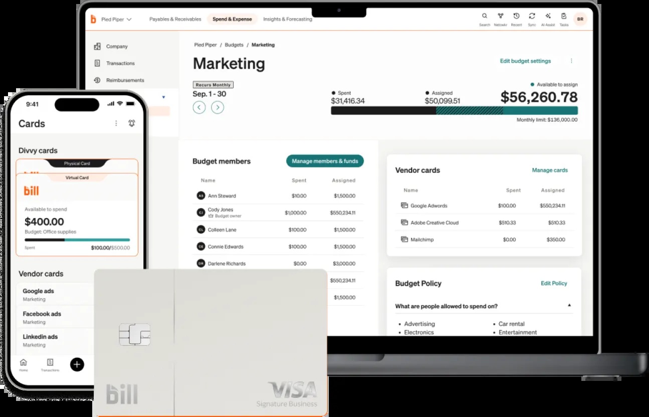BILL marketing budget dashboard beside its mobile card app and a physical Divvy Visa card