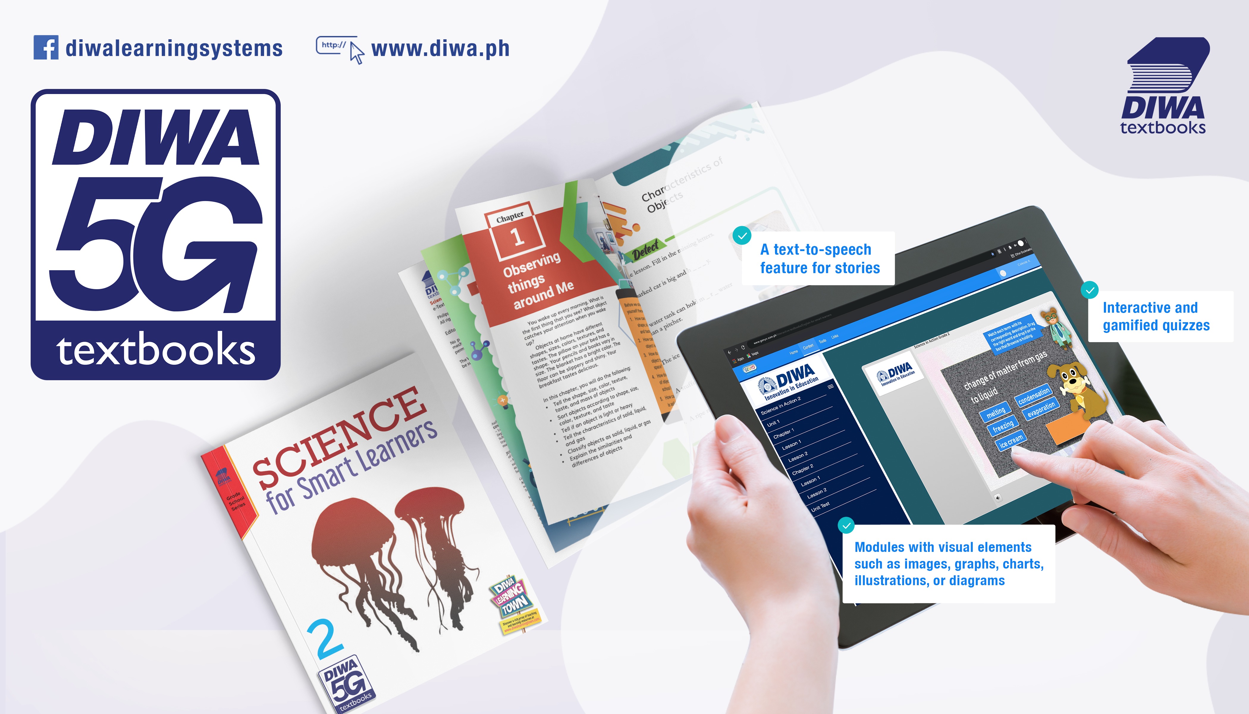 Diwa product artwork showing a printed science textbook alongside its interactive tablet edition