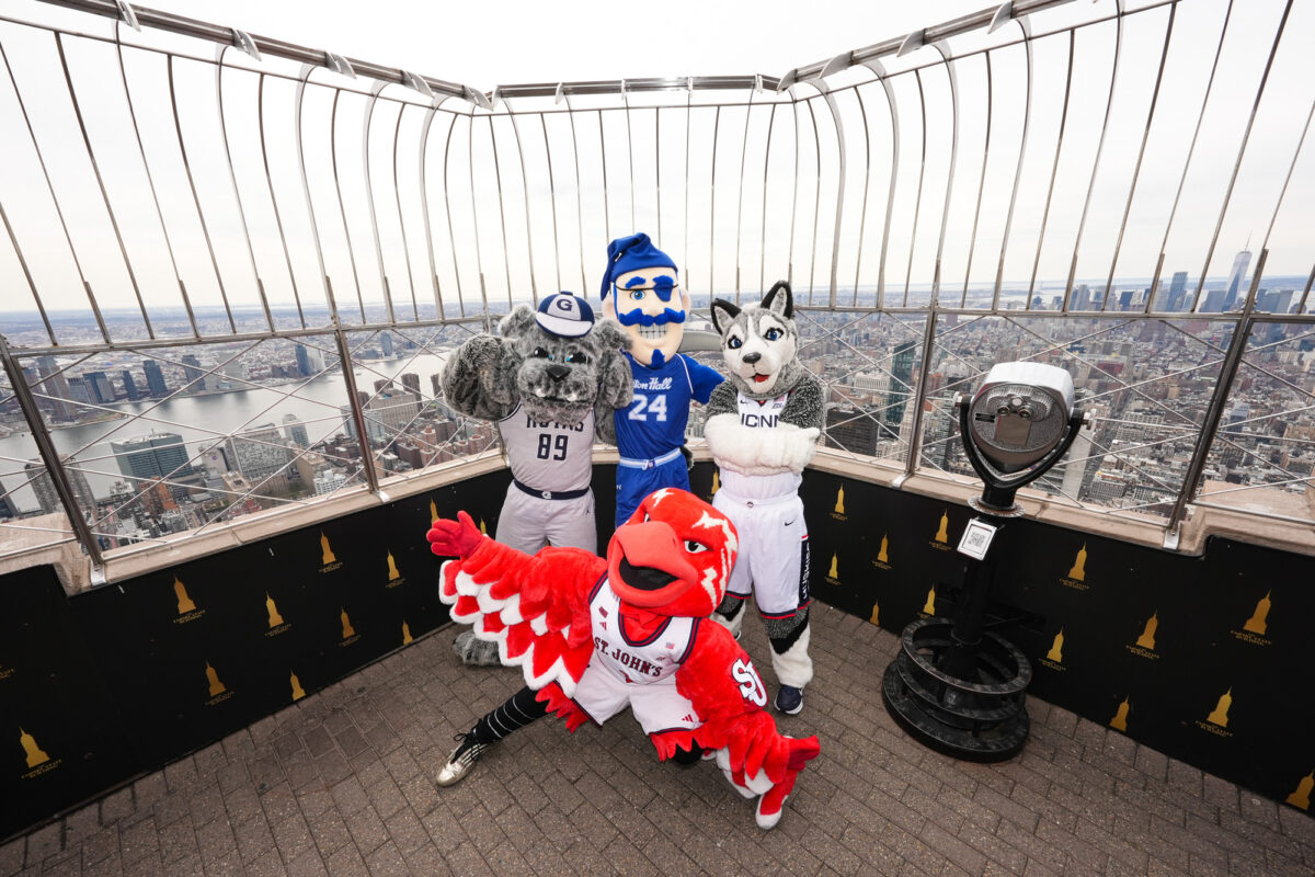 Four BIG EAST team mascots posing on the Empire State Building observation deck