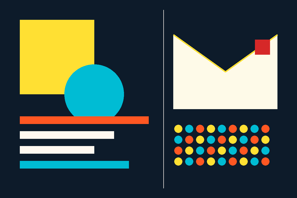 Swiss-style graphic of an envelope, a stamp and a grid of personalization dots