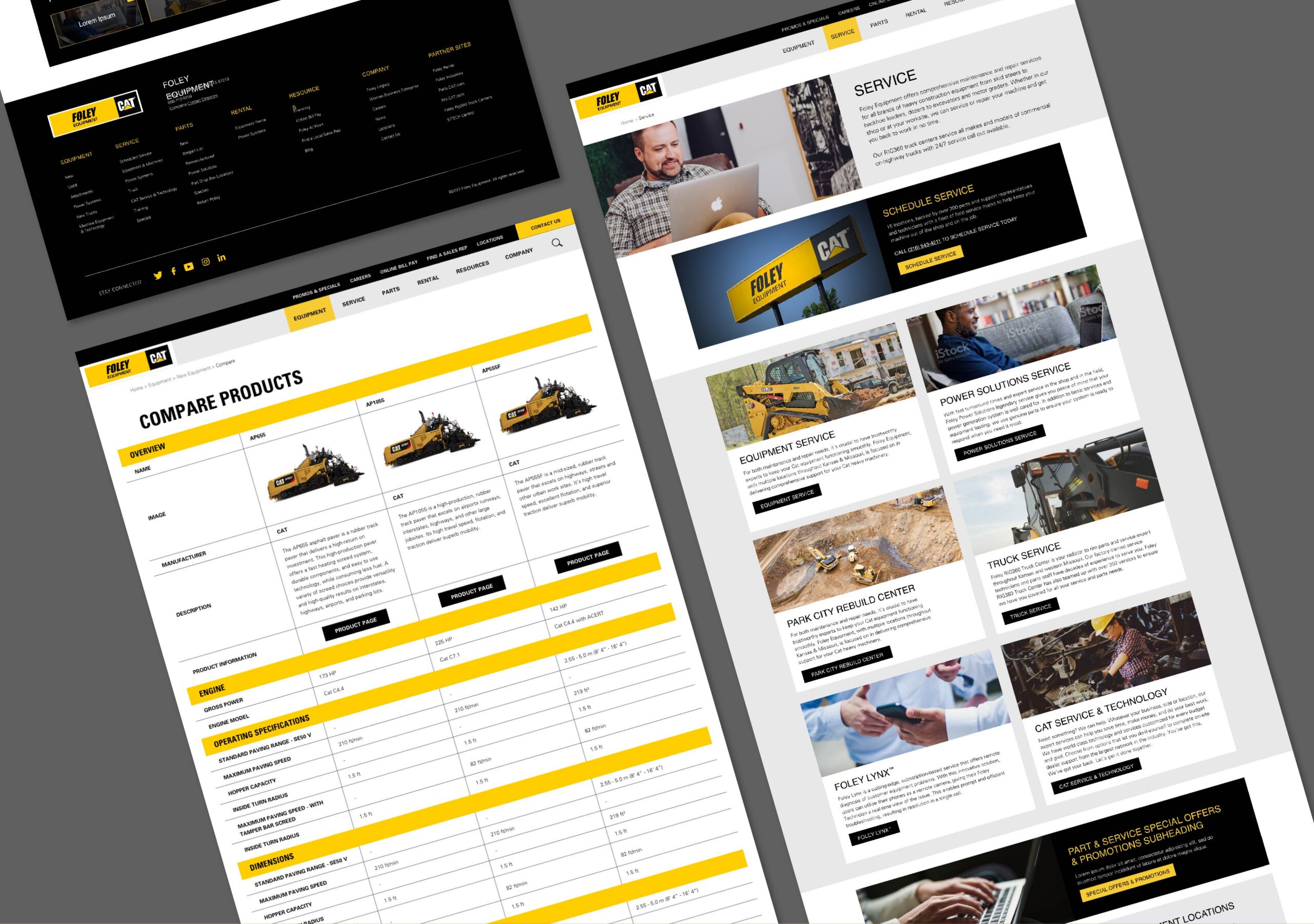 Angled views of the Foley Equipment website designed around equipment comparison and service pathways