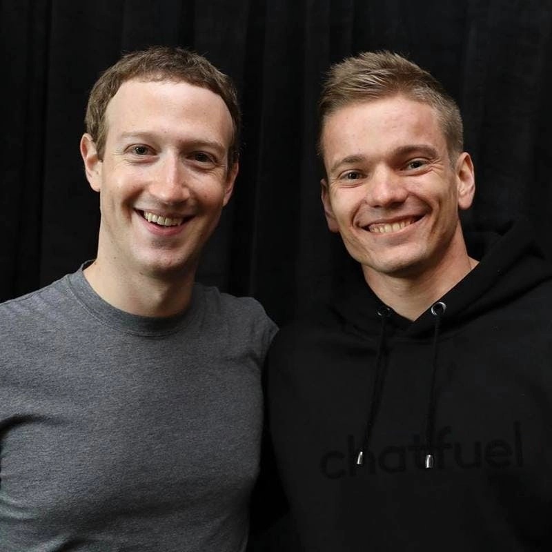 Mark Zuckerberg, left, and Dmitry Dumik, right, wearing a Chatfuel hoodie