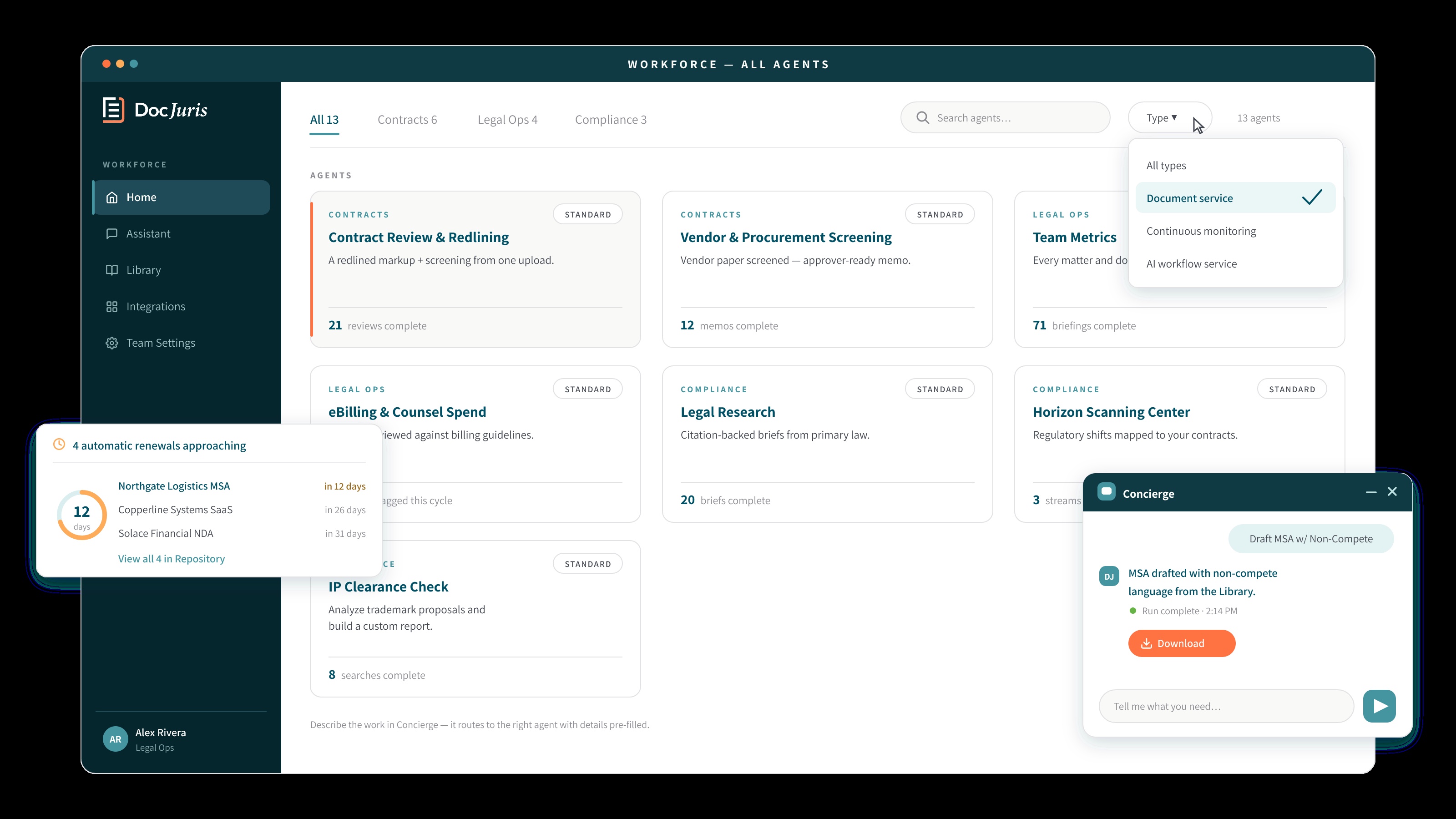 DocJuris Workforce product interface showing legal apps and an assistant