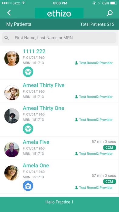 Publisher-supplied ethizo mobile app screenshot showing a sample patient roster and chronic care management timers