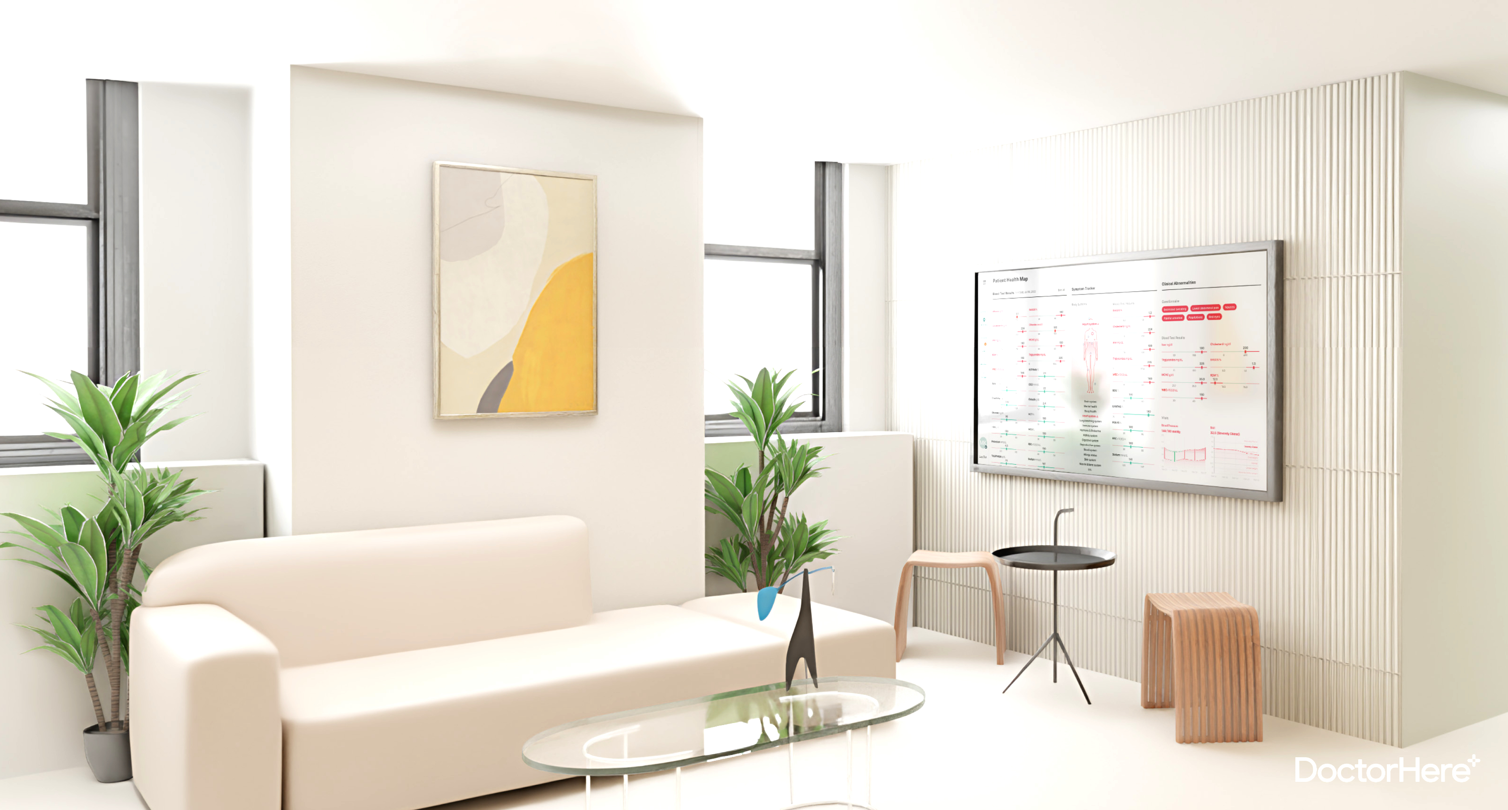 DoctorHere concept clinic interior with a large patient health map display