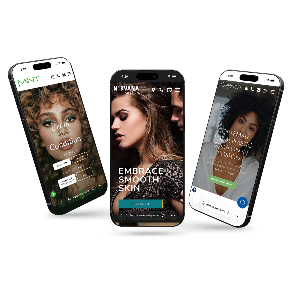 DoctorLogic mobile website examples for MINT Dentistry, Nirvana MedSpa, and DeRosa Center