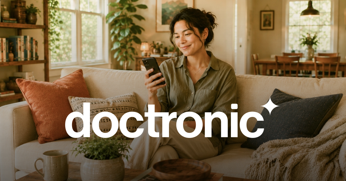 Doctronic brand image - a person consulting the Doctronic AI doctor at home