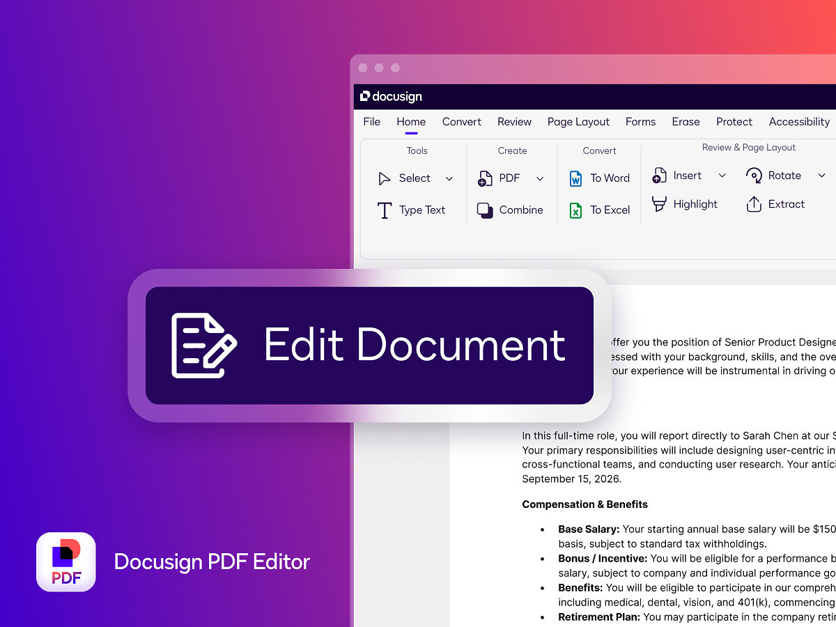 Docusign PDF Editor promotional image showing its document editing interface