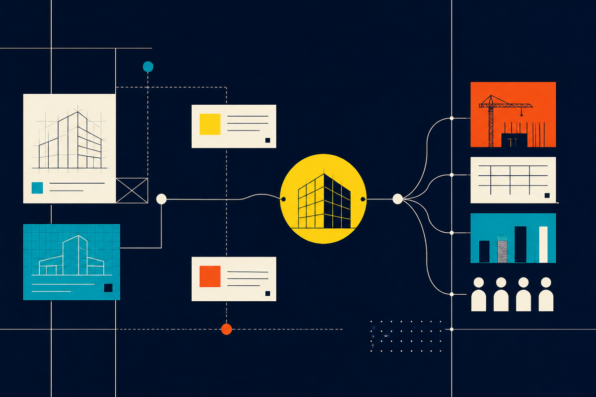 Abstract Swiss-style construction information network with project cards, buildings and connected data nodes