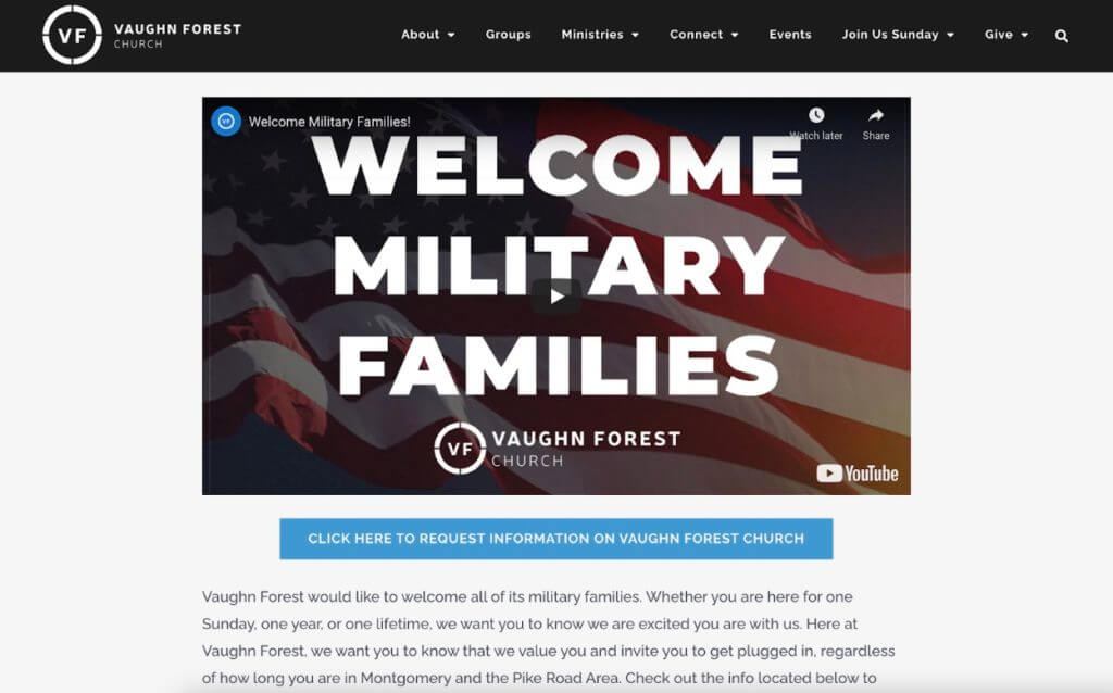 A Dogwood campaign graphic welcoming military families to Vaughn Forest Church
